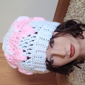 NWOT Frozen Winter hat, hand crochet by me, white pink NEW